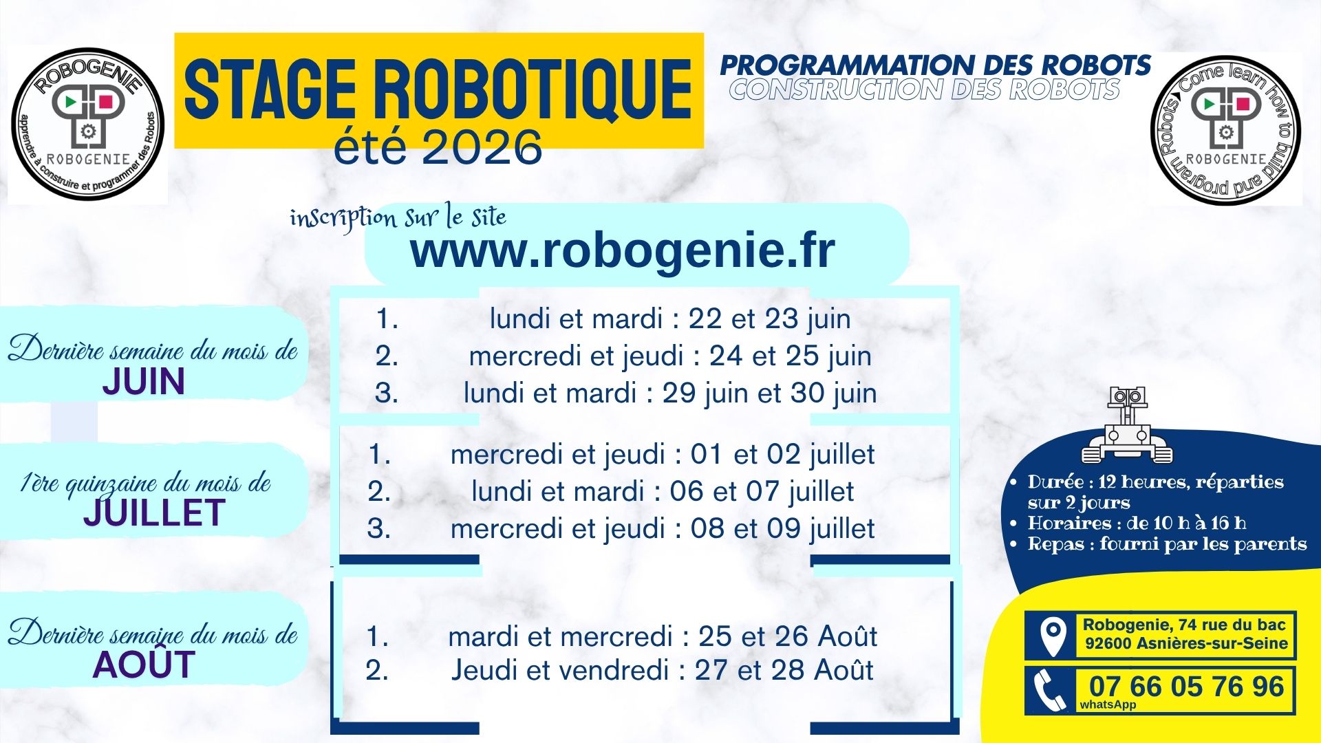 stage ROBOTIQUE ROBOGENIE ETE 2026